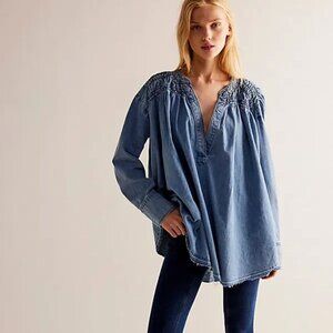 Free People We The Free Another Love Denim Tunic Sz M Oversized Boho worn once